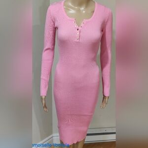 Pink Long Sleeve Ribbed Dress
